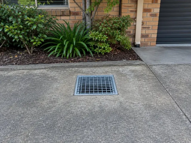 Square outdoor driveway drain grate set in concrete paving beside brick wall and garden in Menai