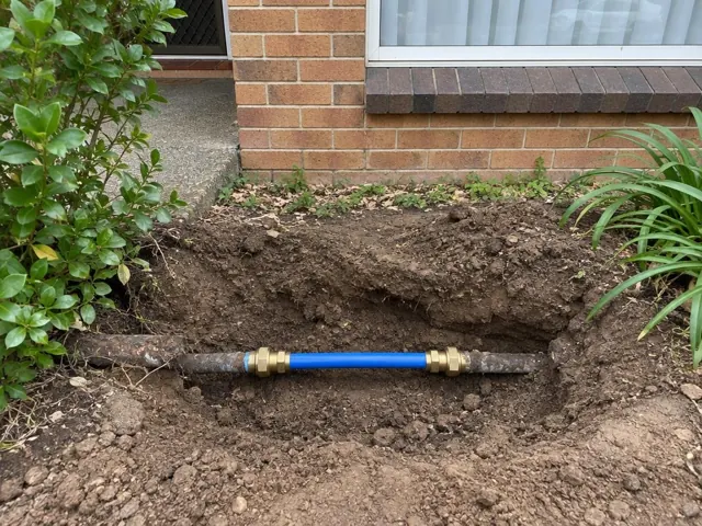 Exposed repaired water pipe in a garden trench beside a brick house in Kirrawee